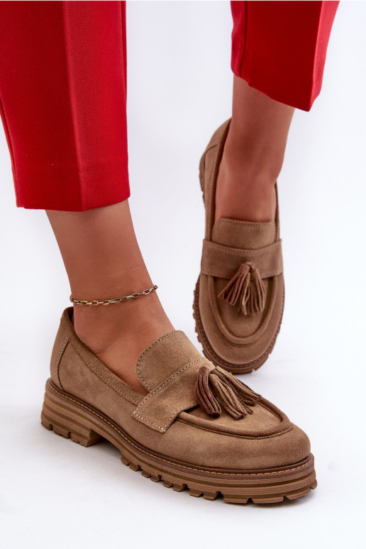 Zazoo 3469 Suede Women's Loafers With Fringes Beige