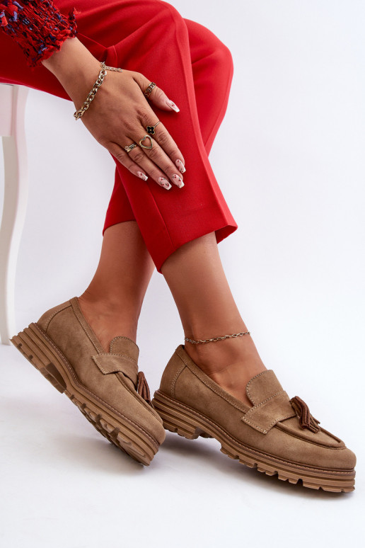 Zazoo 3469 Suede Women's Loafers With Fringes Beige