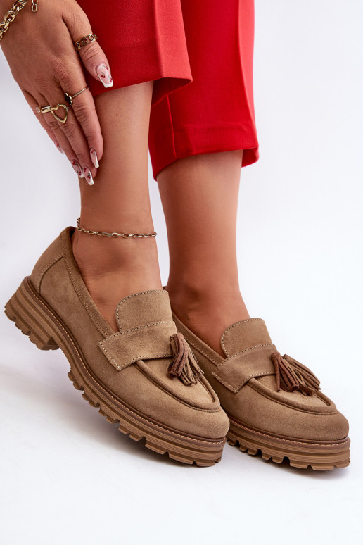 Zazoo 3469 Suede Women's Loafers With Fringes Beige