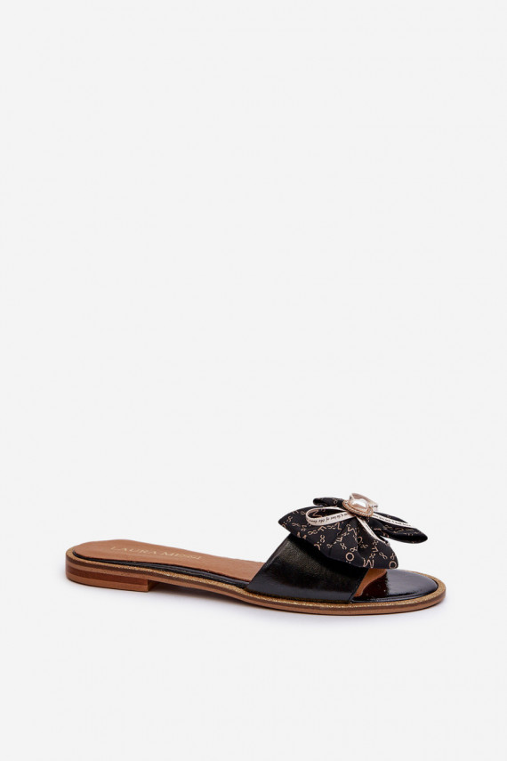 Flat Women's Leather Slippers With Bow Laura Messi 2791 Black