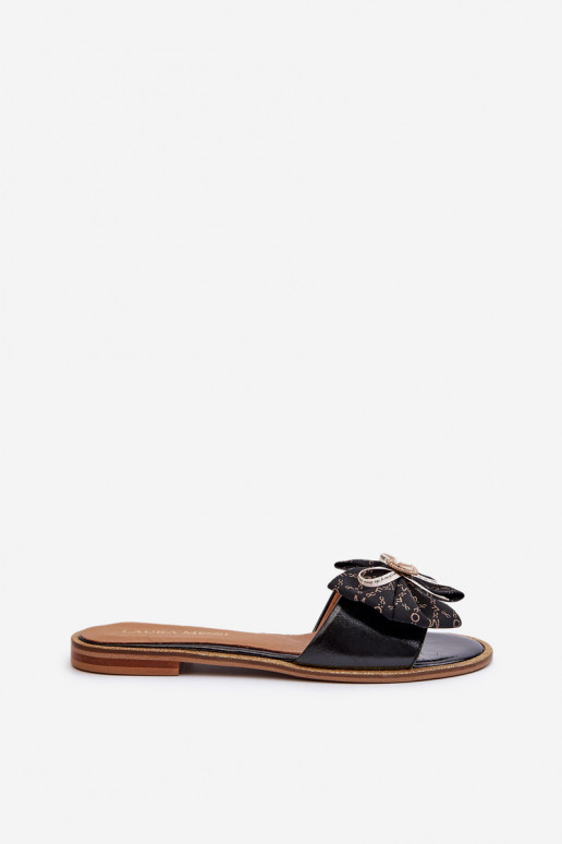 Flat Women's Leather Slippers With Bow Laura Messi 2791 Black