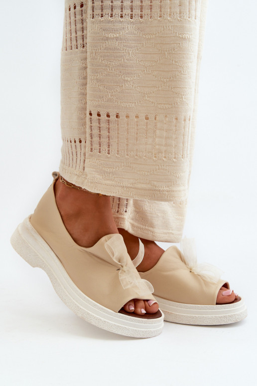 Zazoo 2939 Leather Women's Sandals with Bow Light Beige