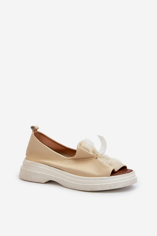 Zazoo 2939 Leather Women's Sandals with Bow Light Beige