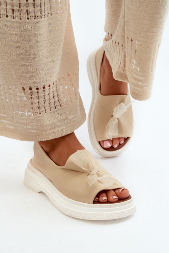 Zazoo 2939 Leather Women's Sandals with Bow Light Beige