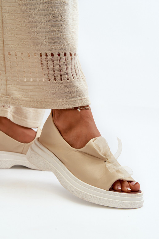 Zazoo 2939 Leather Women's Sandals with Bow Light Beige