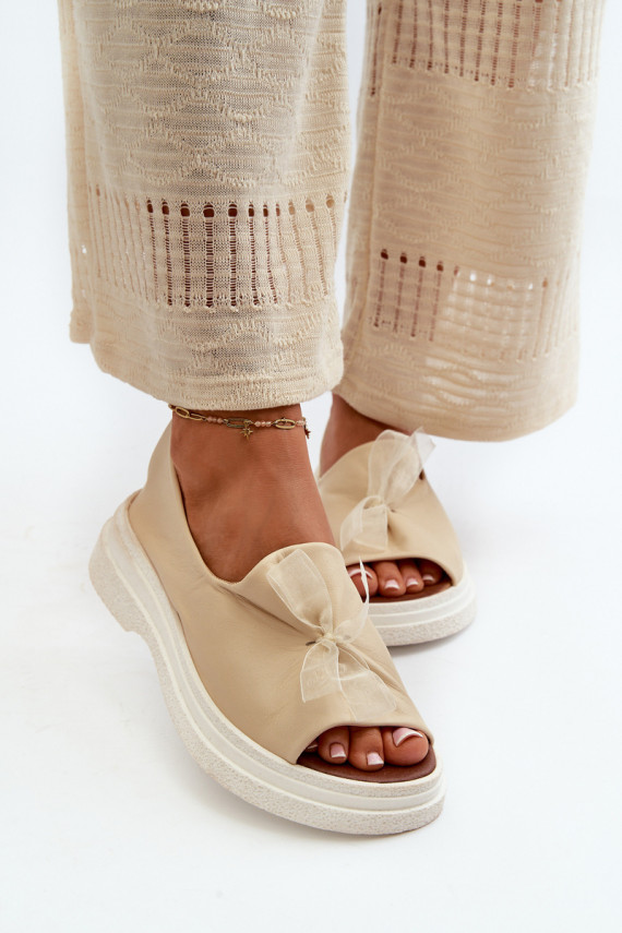 Zazoo 2939 Leather Women's Sandals with Bow Light Beige