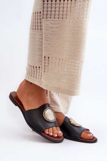Zazoo 2938 Leather Flat Sandals With Ornament Black 2