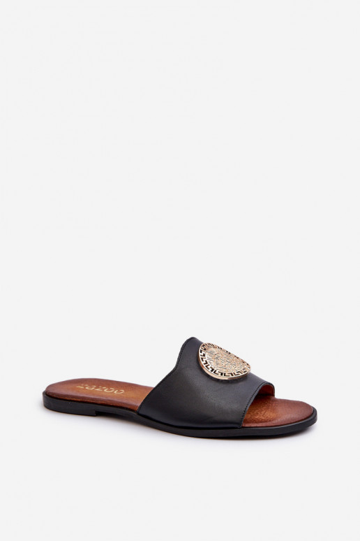 Zazoo 2938 Leather Flat Sandals With Ornament Black