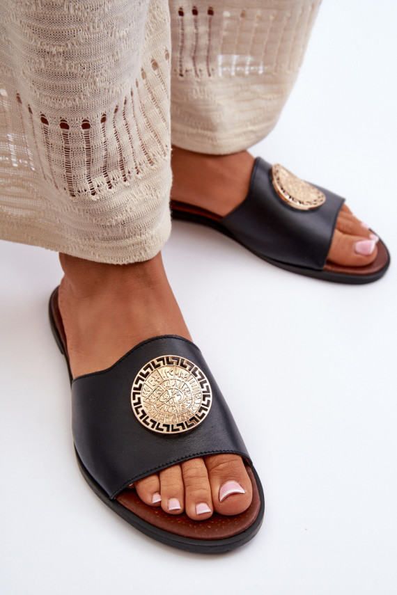 Zazoo 2938 Leather Flat Sandals With Ornament Black