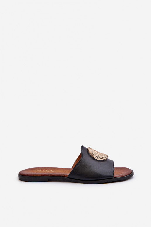 Zazoo 2938 Leather Flat Sandals With Ornament Black