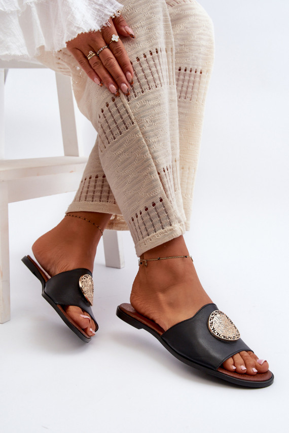 Zazoo 2938 Leather Flat Sandals With Ornament Black