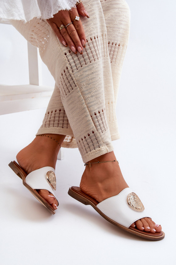 Zazoo 2938 Leather Flat Heel Slippers With Ornament White