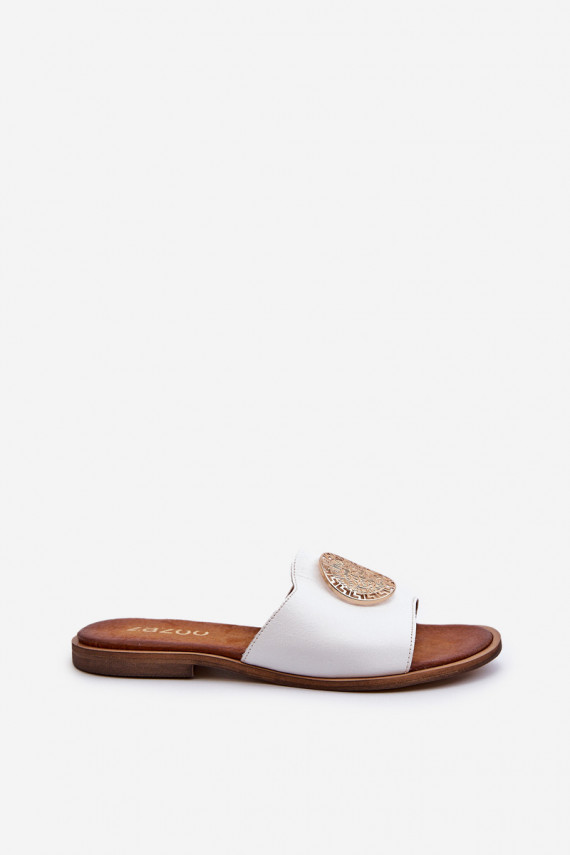 Zazoo 2938 Leather Flat Heel Slippers With Ornament White
