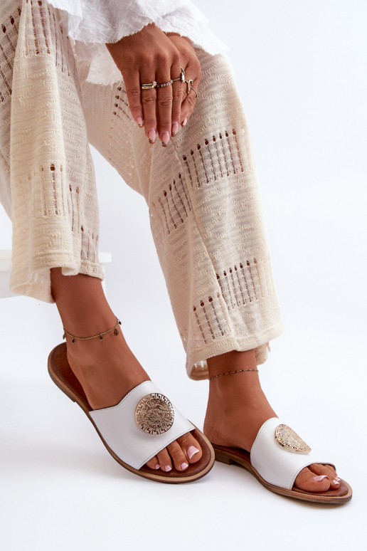 Zazoo 2938 Leather Flat Heel Slippers With Ornament White