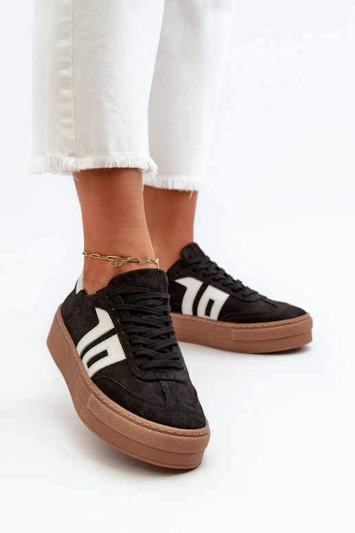 Black Leather Women's Platform Sneakers Zazoo N1095S2