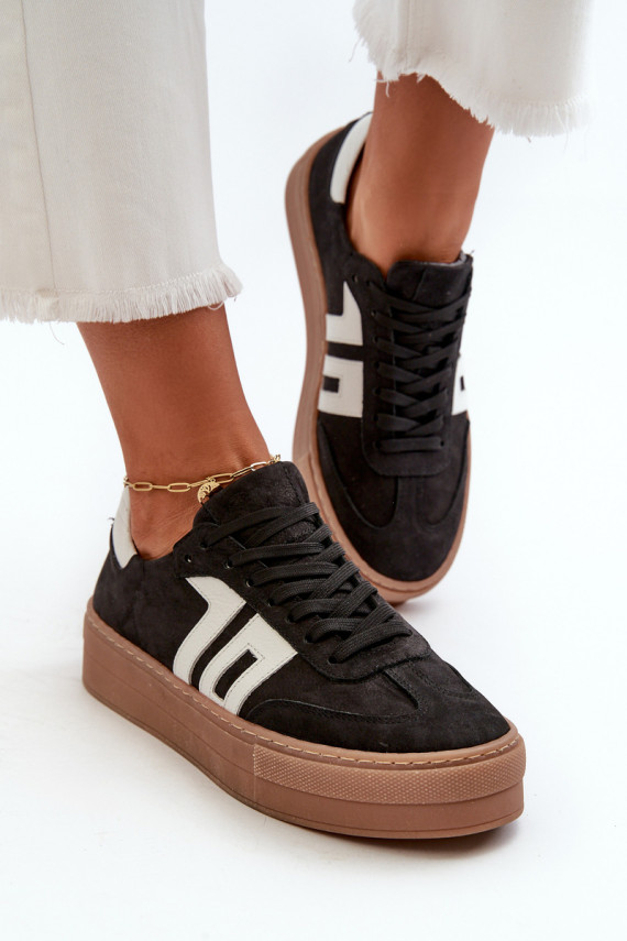 Black Leather Women's Platform Sneakers Zazoo N1095S2