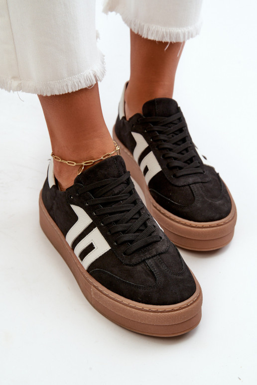 Black Leather Women's Platform Sneakers Zazoo N1095S2