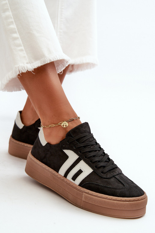 Black Leather Women's Platform Sneakers Zazoo N1095S2