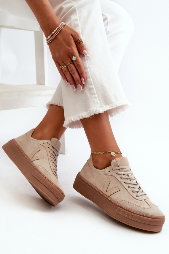 Zazoo N1100S2 Women's Suede Platform Sneakers Beige