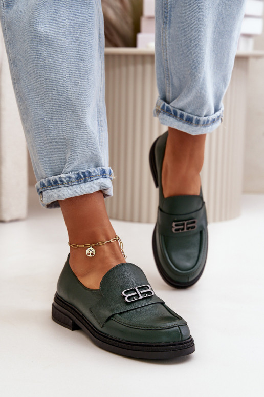 Zazoo 20174 Leather Elegant Women Loafers Flat Heel Dark Green