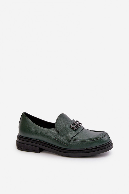 Zazoo 20174 Leather Elegant Women Loafers Flat Heel Dark Green
