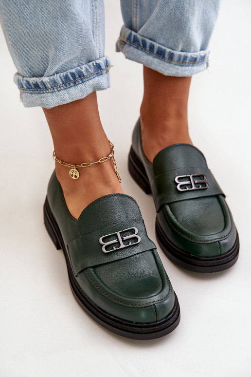Zazoo 20174 Leather Elegant Women Loafers Flat Heel Dark Green