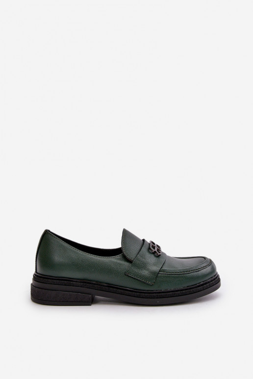 Zazoo 20174 Leather Elegant Women Loafers Flat Heel Dark Green