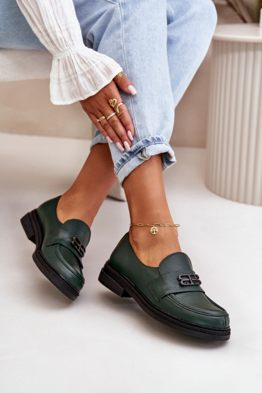 Zazoo 20174 Leather Elegant Women Loafers Flat Heel Dark Green