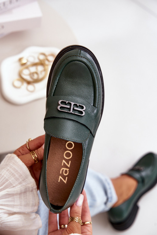 Zazoo 20174 Leather Elegant Women Loafers Flat Heel Dark Green