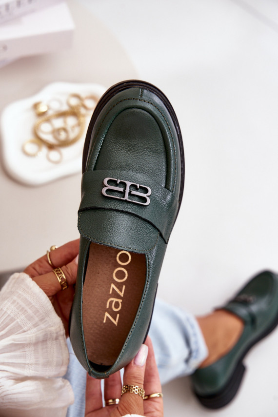 Zazoo 20174 Leather Elegant Women Loafers Flat Heel Dark Green