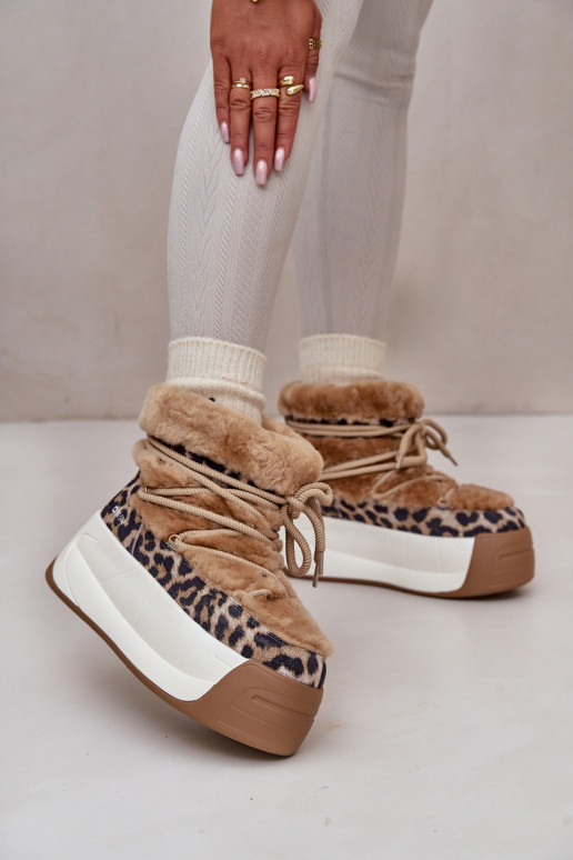 Leather Women's Snow Boots On Thick Sole With Fur Panther Big Star OO274A207 Brown