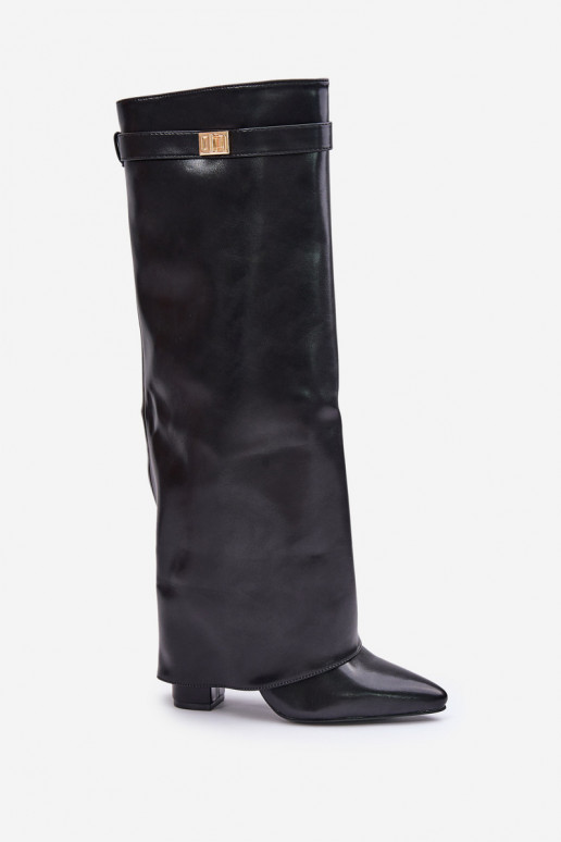 Women's Eco Leather Boots With Rolled Shaft On Heel Black Avamora