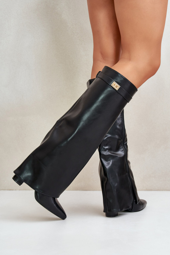 Women's Eco Leather Boots With Rolled Shaft On Heel Black Avamora