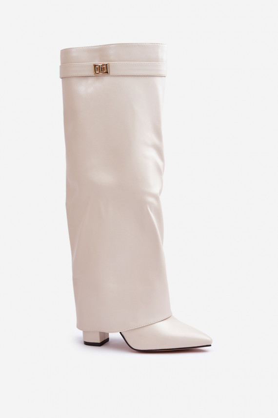 Women's Eco Leather Boots With Rolled Shaft On Heel Light Beige Avamora