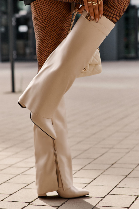 Women's Eco Leather Boots With Rolled Shaft On Heel Light Beige Avamora