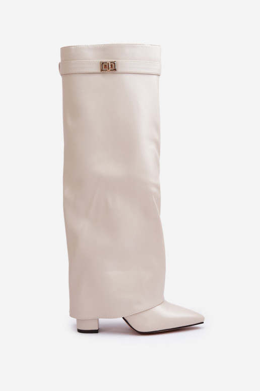 Women's Eco Leather Boots With Rolled Shaft On Heel Light Beige Avamora