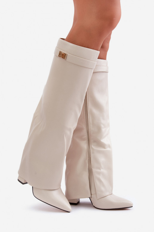 Women's Eco Leather Boots With Rolled Shaft On Heel Light Beige Avamora
