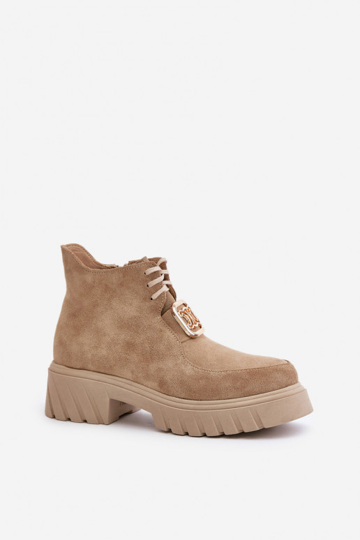 Suede Ankle Boots With Golden Decoration Beige Zazoo 2952