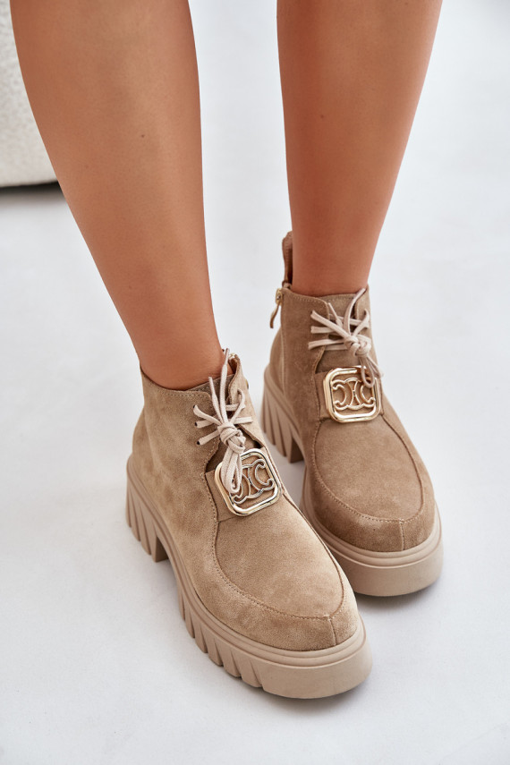 Suede Ankle Boots With Golden Decoration Beige Zazoo 2952