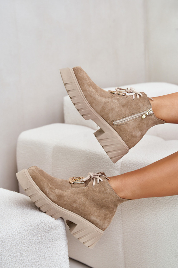 Suede Ankle Boots With Golden Decoration Beige Zazoo 2952