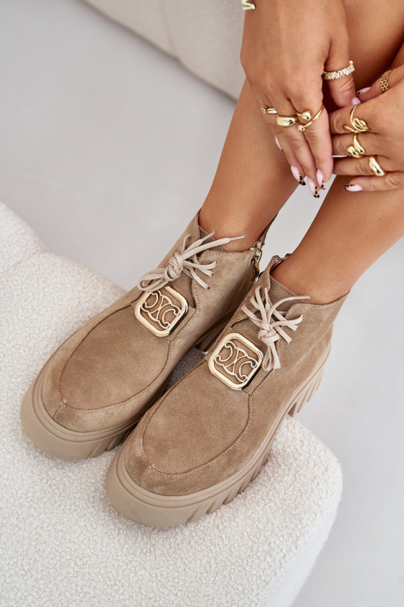 Suede Ankle Boots With Golden Decoration Beige Zazoo 2952