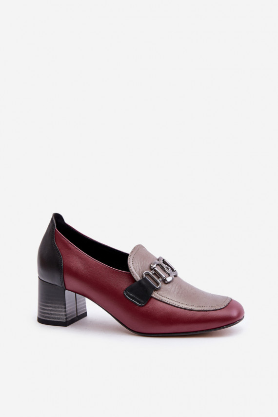 Leather Heels On A Block Heel With A Gold Decoration Laura Messi 2861 Burgundy