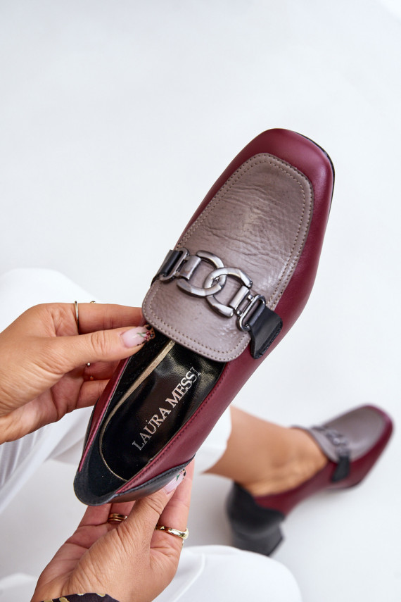Leather Heels On A Block Heel With A Gold Decoration Laura Messi 2861 Burgundy