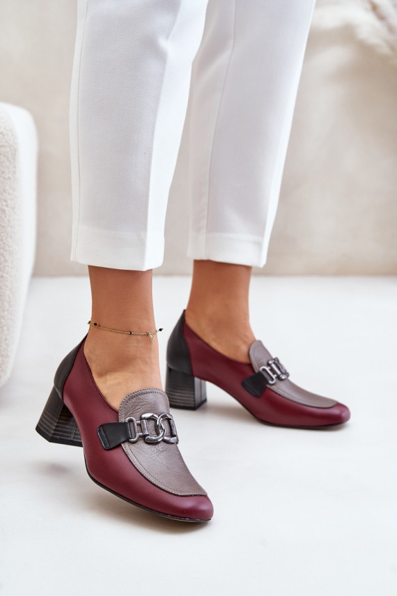 Leather Heels On A Block Heel With A Gold Decoration Laura Messi 2861 Burgundy