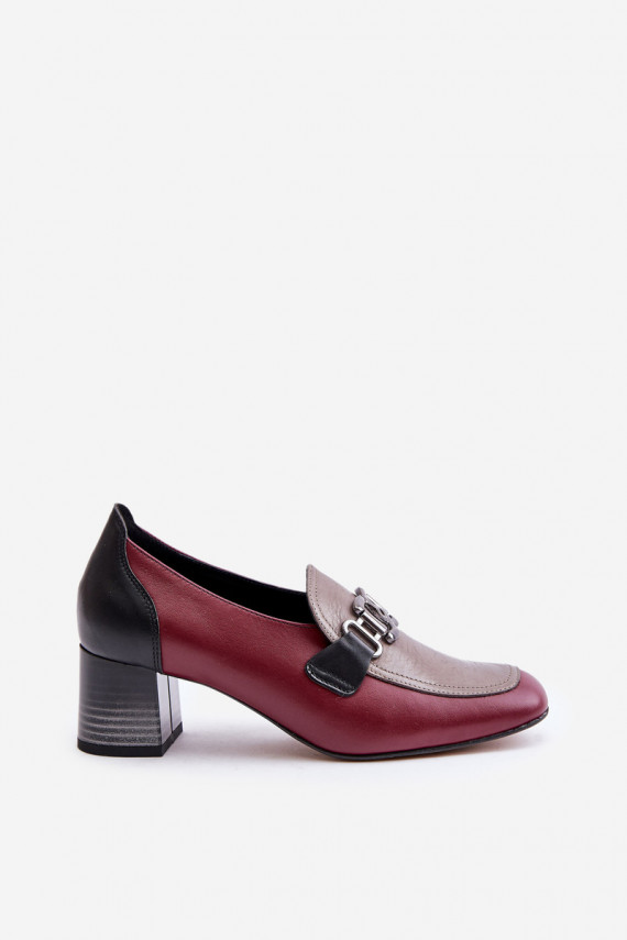 Leather Heels On A Block Heel With A Gold Decoration Laura Messi 2861 Burgundy