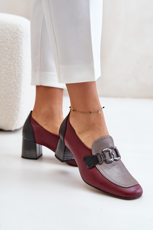 Leather Heels On A Block Heel With A Gold Decoration Laura Messi 2861 Burgundy