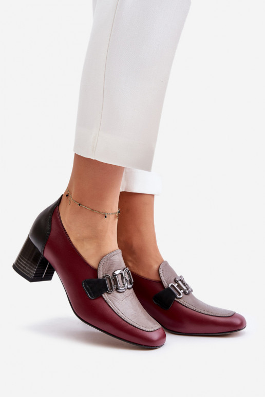 Leather Heels On A Block Heel With A Gold Decoration Laura Messi 2861 Burgundy