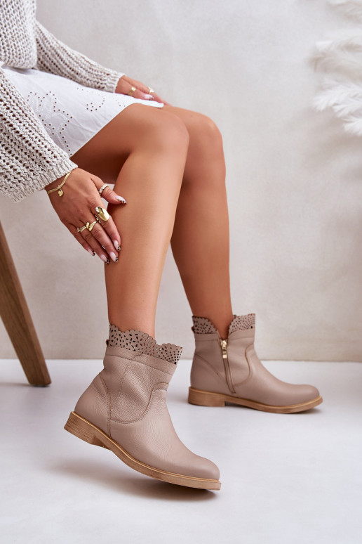 Low Women's Ankle Boots With Flat Heel Leather Lewski 3624 Beige