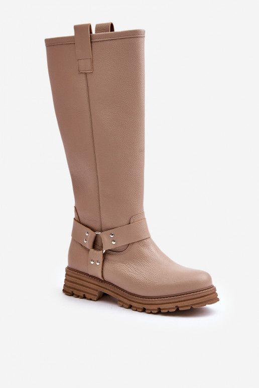 Leather Knee High Women's Boots Beige Lewski 3615