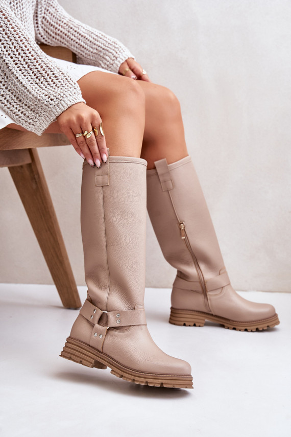 Leather Knee High Women's Boots Beige Lewski 3615